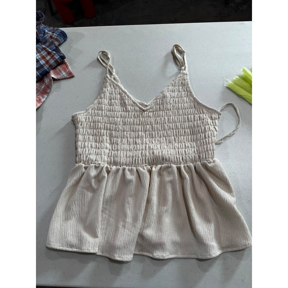 Wishlist Apparel Womens Smocked Peplum Camisole Top Cream Beige V-Neck Medium